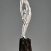 Sculpture en bronze Art deco femme nue au pigeon, message d’amour