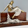 Art Deco bronze sculpture seated lady with borzoi dog