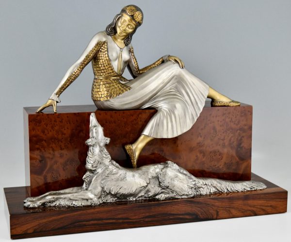 Art Deco bronze sculpture seated lady with borzoi dog