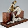 Art Deco bronze sculpture seated lady with borzoi dog