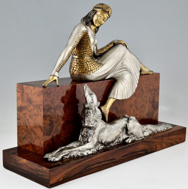 Art Deco bronze sculpture seated lady with borzoi dog