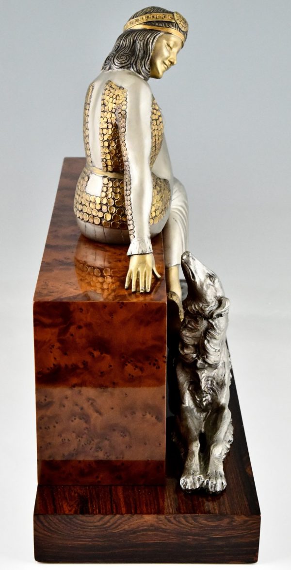 Art Deco bronze sculpture seated lady with borzoi dog