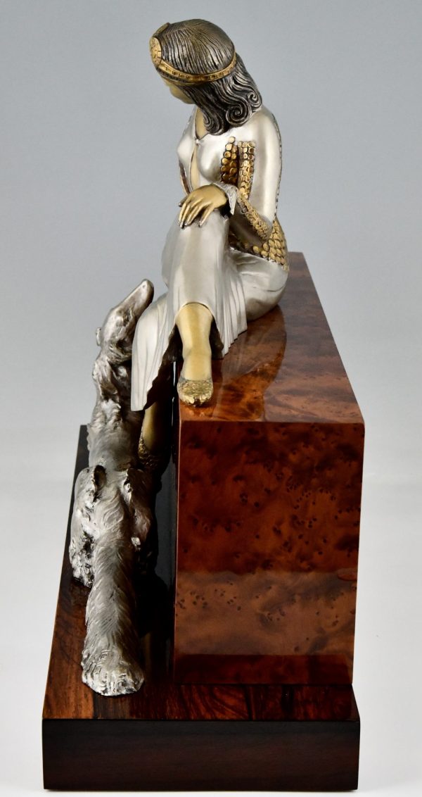 Art Deco bronze sculpture seated lady with borzoi dog