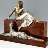 Art Deco bronze sculpture seated lady with borzoi dog
