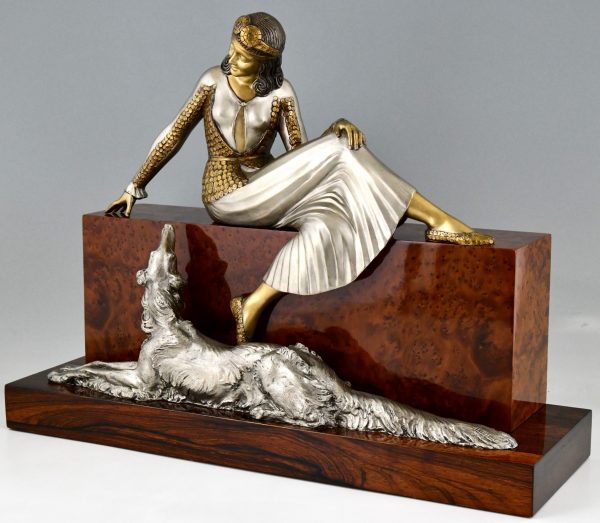 Art Deco bronze sculpture seated lady with borzoi dog