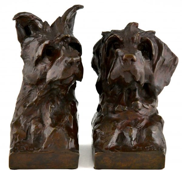 Art Deco sculpture serre livres bronze buste de chiens terriers
