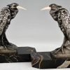 Art Deco bronzen boekensteunen met reigers