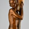 Art Deco bronze lamp sculpture draped nude holding a vase