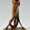 Art Deco bronze lamp sculpture draped nude holding a vase