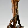 Art Deco bronze lamp sculpture draped nude holding a vase