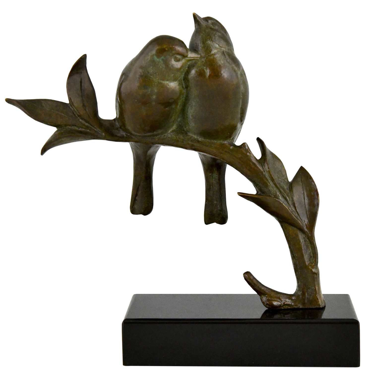 Art-Deco-Skulptur zwei Vögel auf einem Ast. Art Deco bronze sculpture birds Becquerel