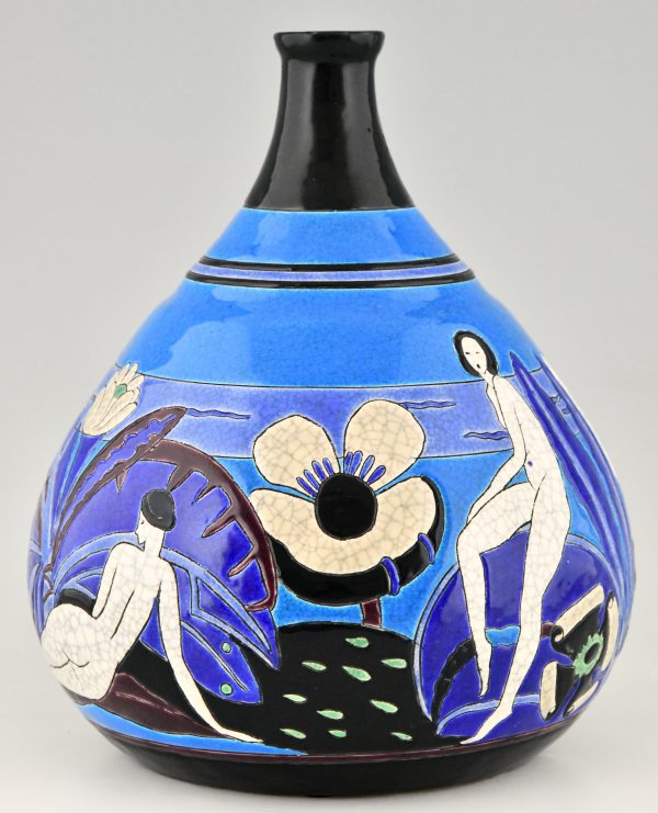 Art Deco Vase Keramik mit Akten Baigneuses