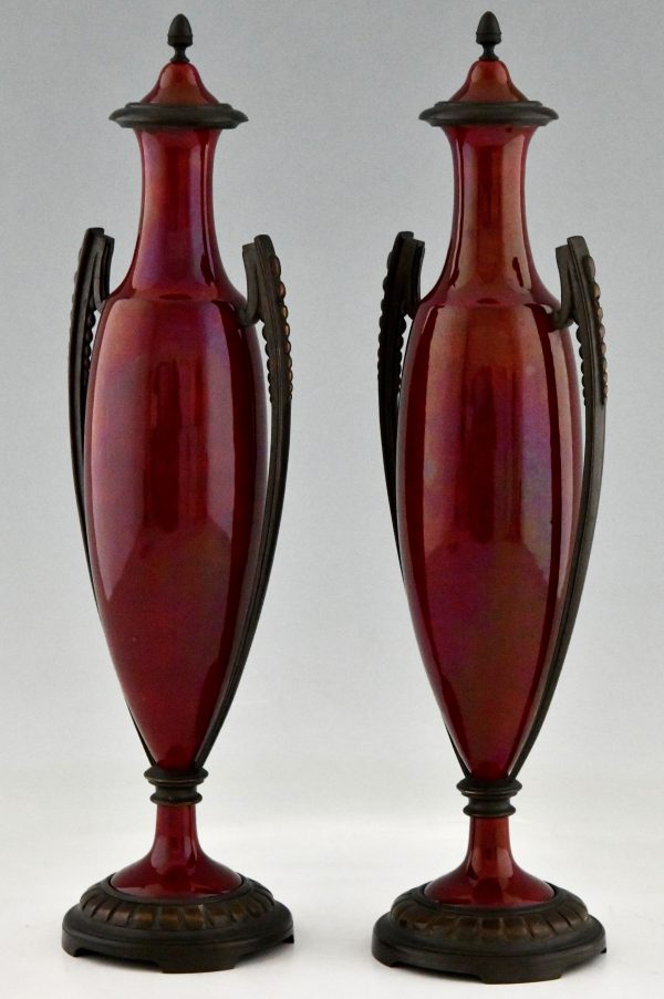 Art Deco vases red ceramic and bronze