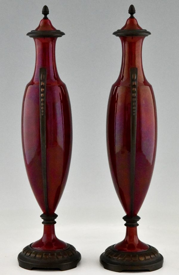 Art Deco vases red ceramic and bronze