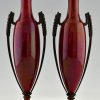 Art Deco vases red ceramic and bronze