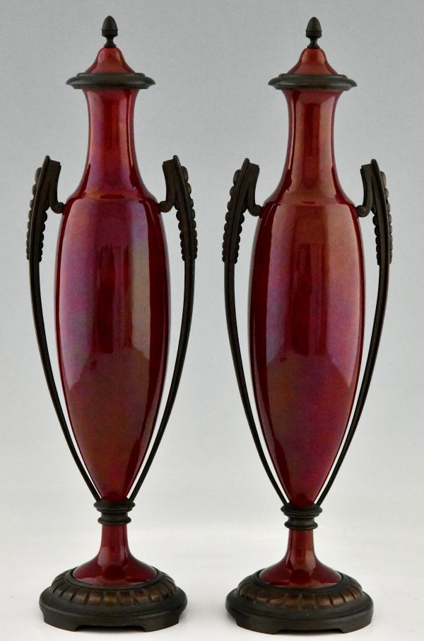 Art Deco vases red ceramic and bronze