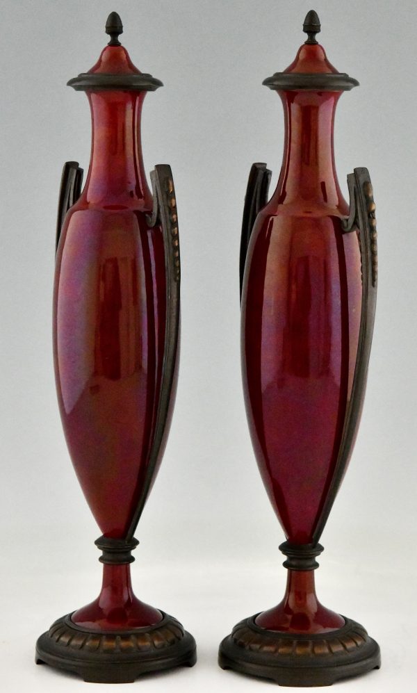 Art Deco vases red ceramic and bronze