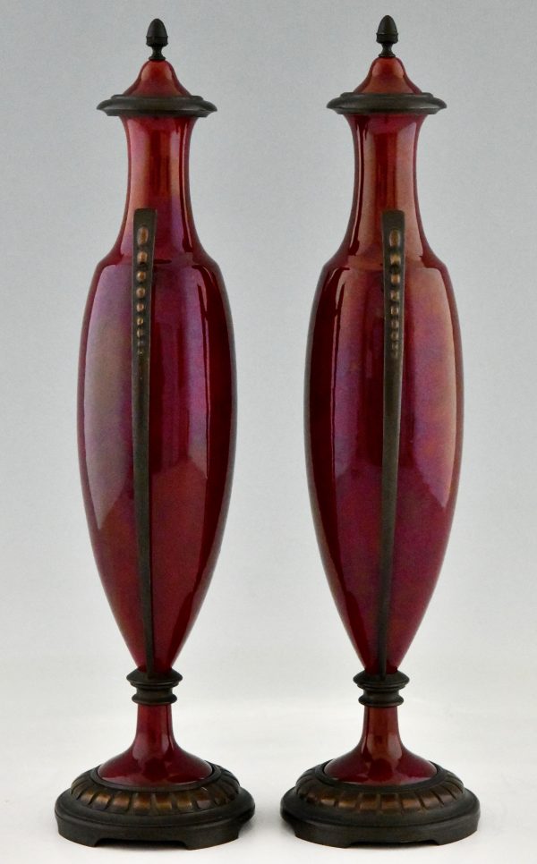 Art Deco vases red ceramic and bronze