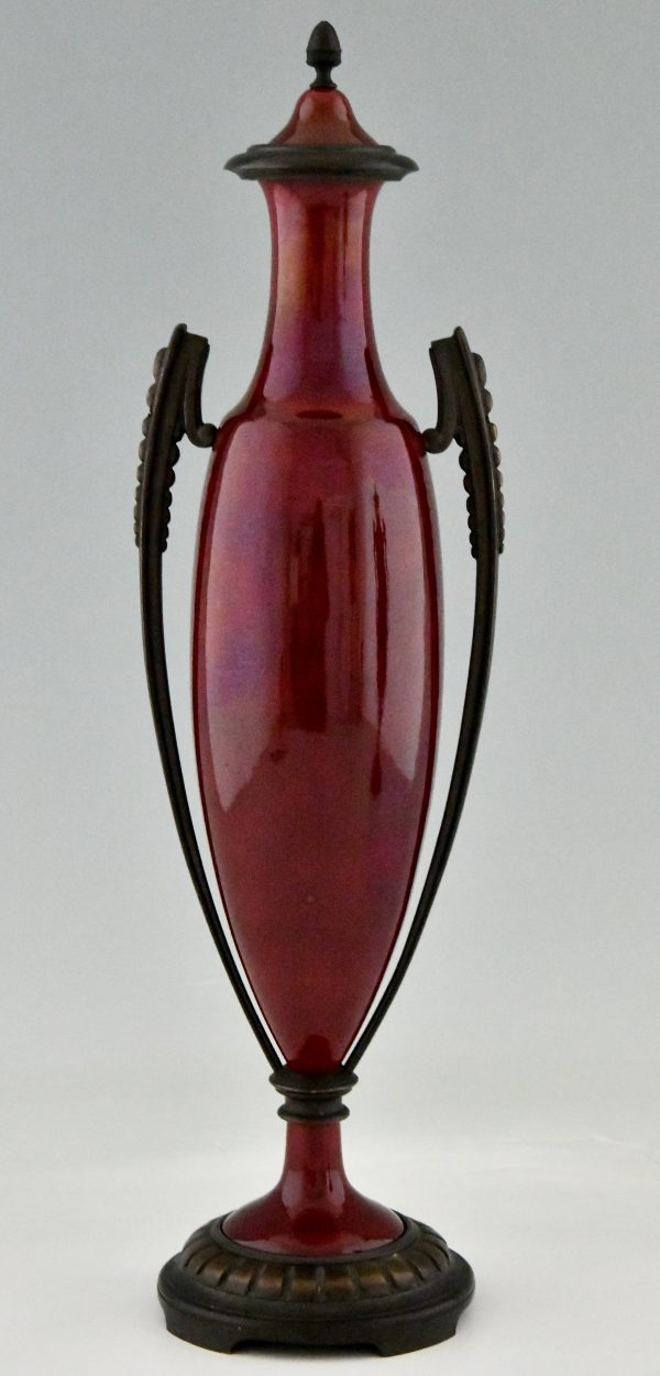 Art Deco vases red ceramic and bronze