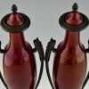 Art Deco vases red ceramic and bronze