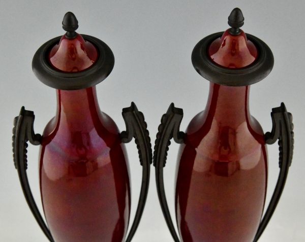 Art Deco vases red ceramic and bronze