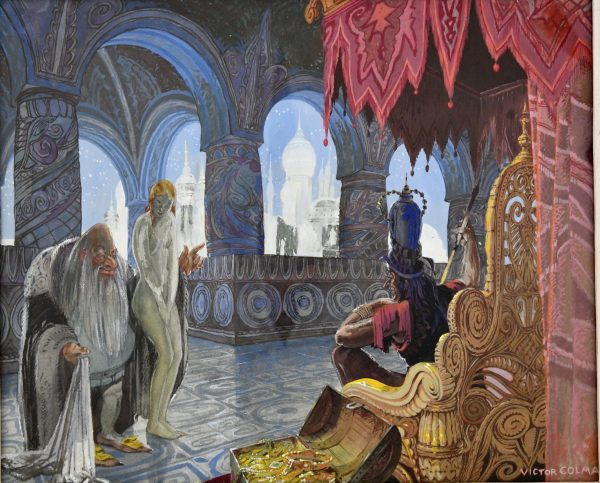 Art Deco aquarel harem scène met koning en slavin