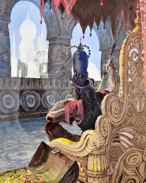 Aquarelle Art Déco scène de harem avec roi et esclave