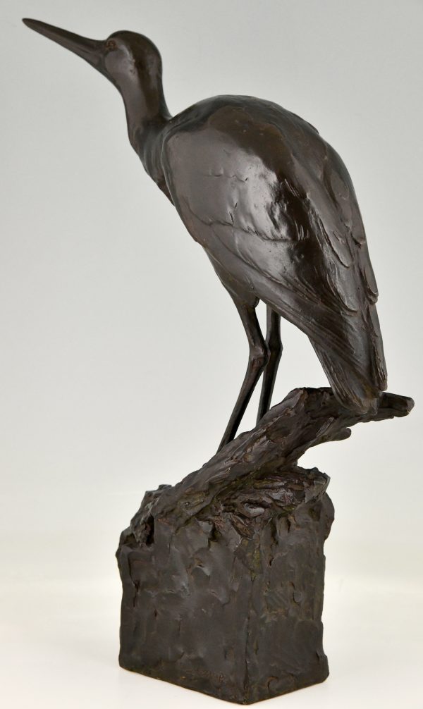 Art Deco bronze sculpture of a heron bird.  