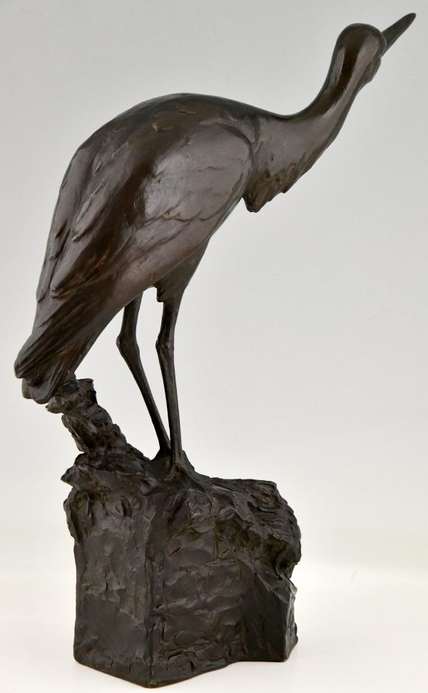 Art Deco bronze sculpture of a heron bird.  