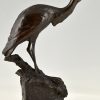 Art Deco bronze sculpture of a heron bird.  