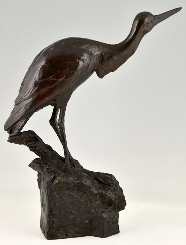 Art Deco bronze sculpture of a heron bird.  