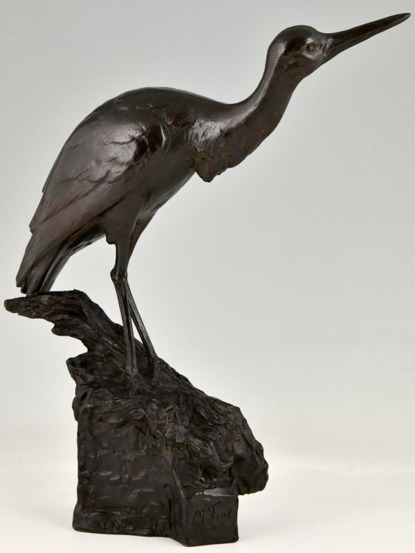 Art Deco bronze sculpture of a heron bird.  