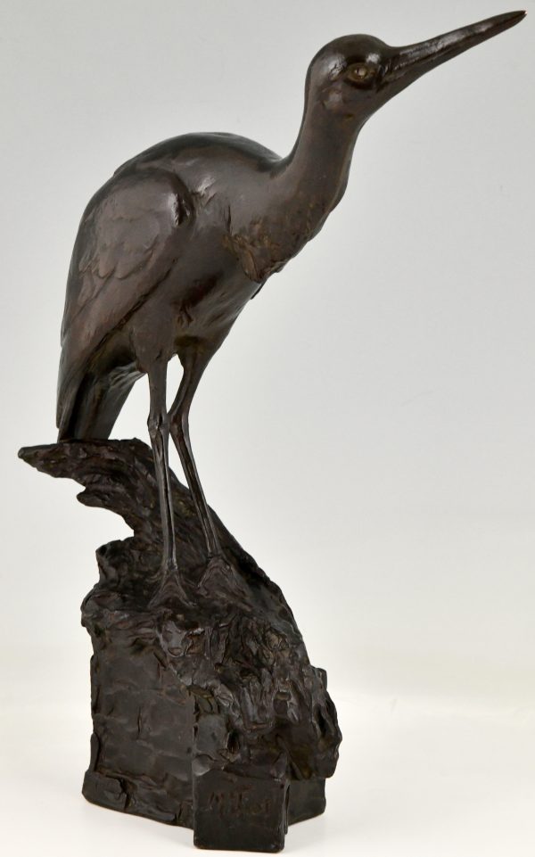 Art Deco bronze sculpture of a heron bird.  