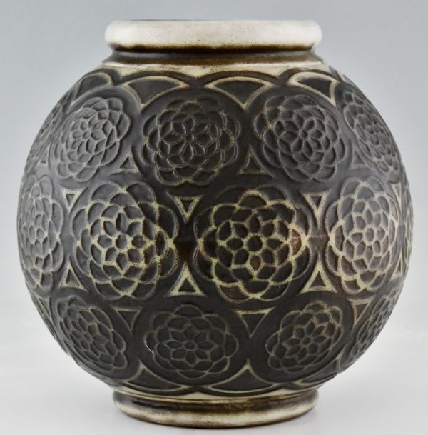 Art Deco spherical ceramic vase with stylized motifs.