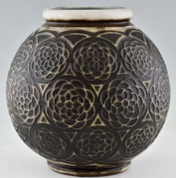 Art Deco spherical ceramic vase with stylized motifs.