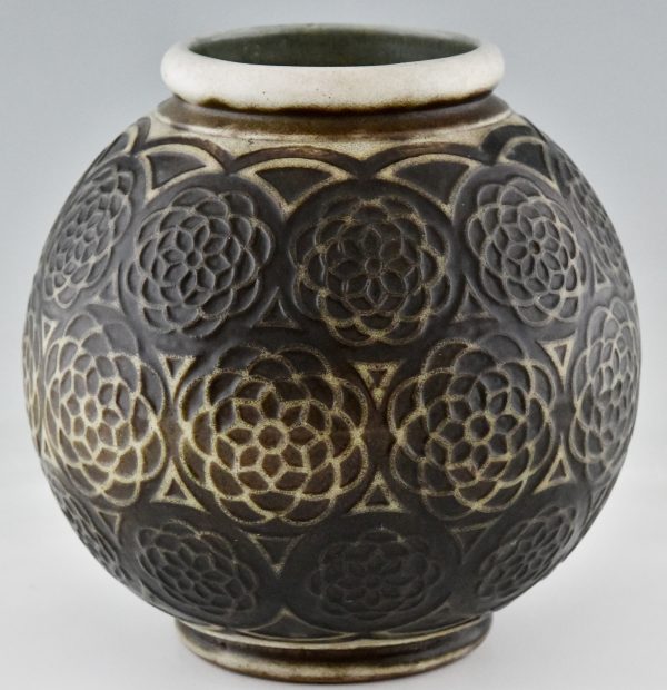 Art Deco spherical ceramic vase with stylized motifs.