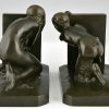 Art Deco Buchstützen Bronze Frauenakt und Satyr
