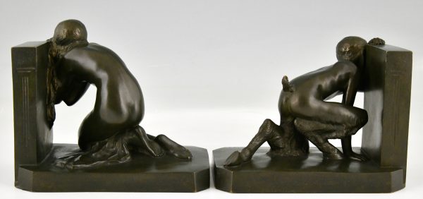 Art Deco bronze bookends nude and satyr.