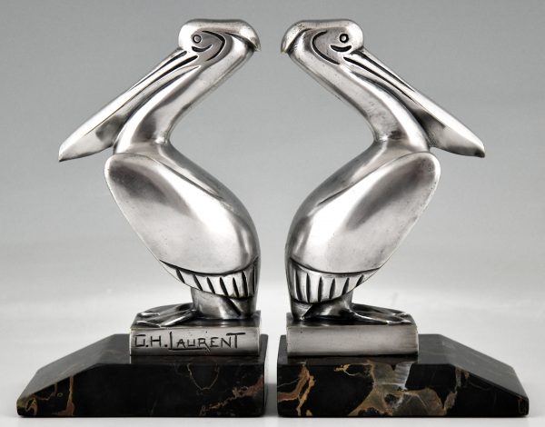 Art Deco silvered bronze pelican bookends.