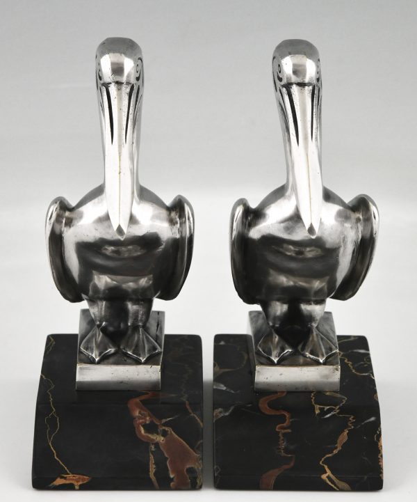 Art Deco silvered bronze pelican bookends.