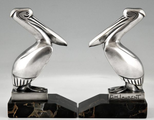 Art Deco verzilverd bronzen pelikaan boekensteunen