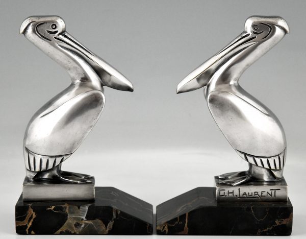 Art Deco silvered bronze pelican bookends.