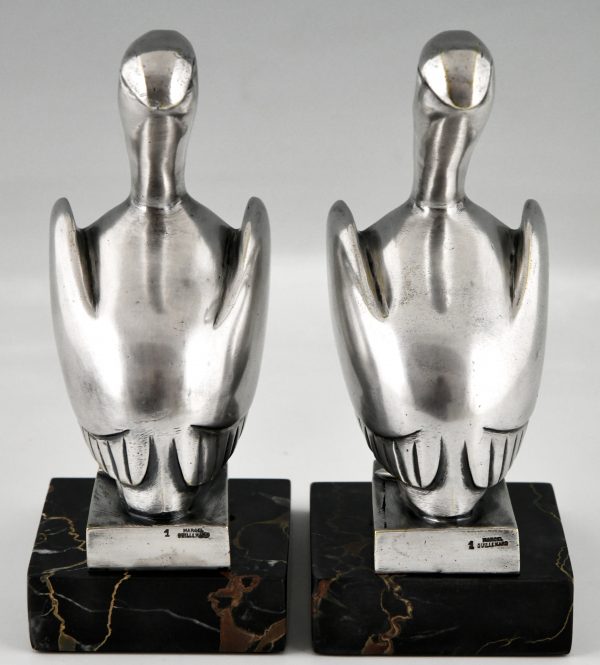 Art Deco silvered bronze pelican bookends.