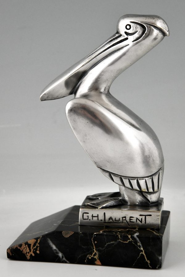 Art Deco silvered bronze pelican bookends.