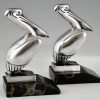 Art Deco silvered bronze pelican bookends.