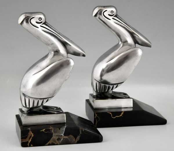 Art Deco silvered bronze pelican bookends.