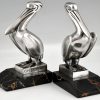 Art Deco silvered bronze pelican bookends.