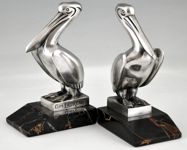 Serre-livres pelican Art Deco en bronze argente