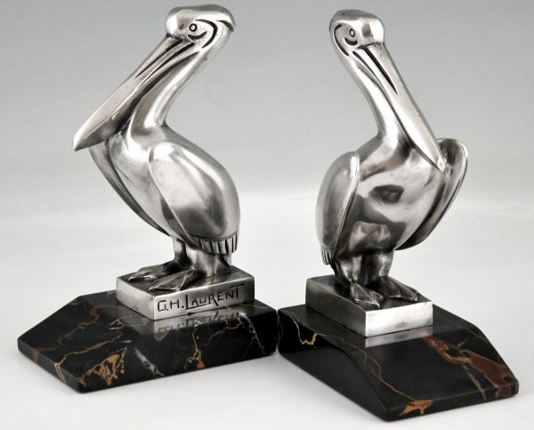 Art Deco silvered bronze pelican bookends.