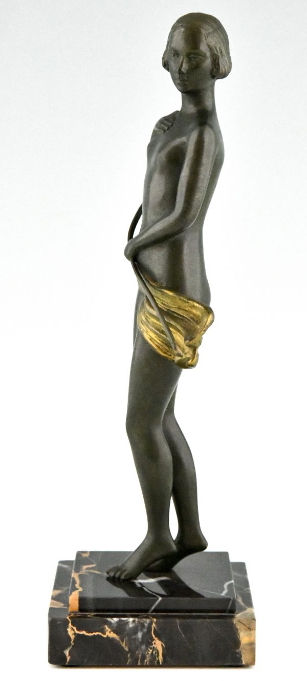 Art Deco bronze sculpture standing nude with drape.